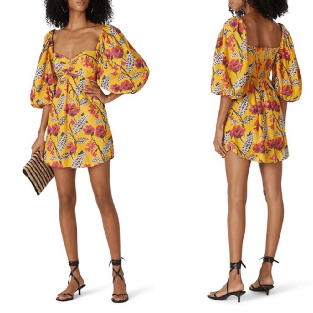 A.L.C. Floral Puff Sleeve Mini Dress Womens Yellow Size 2 (D1)